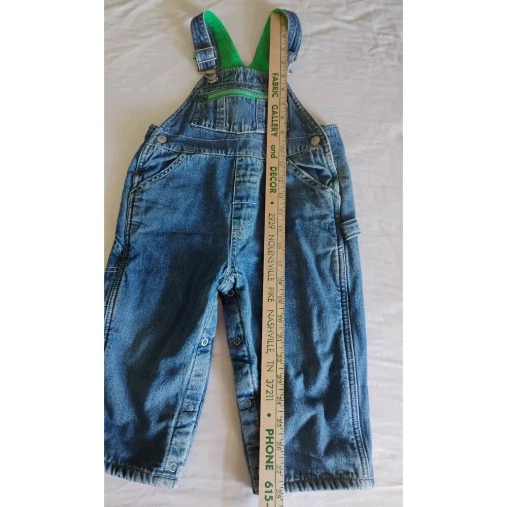 Vtg BABY GAP Denim Overalls Green Fleece Lined Zip Pocket Utility 18-24 Mo RARE